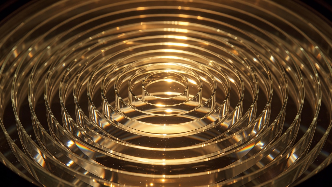 Wide macro view of glass prism rings inside a Fresnel lighthouse lens glowing amber