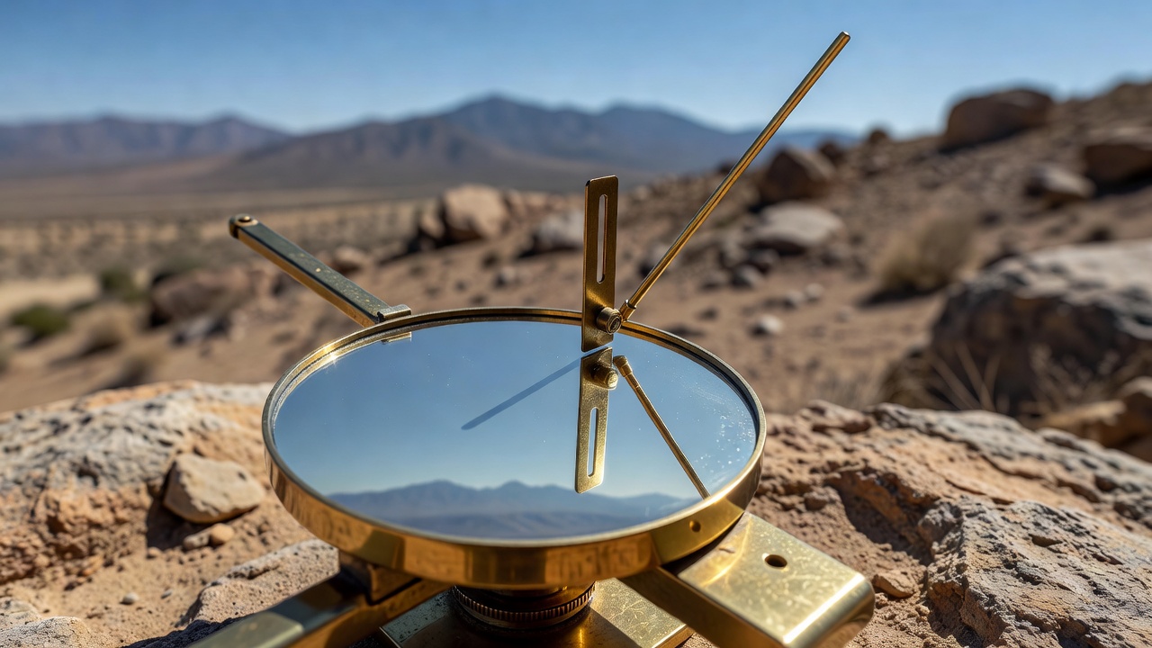 Wide shallow-focus shot of a brass heliograph mirror and sighting vane in bright sunlight