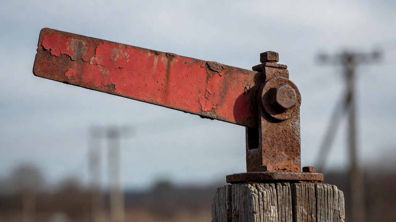 Wide close-up of a weathered semaphore telegraph arm and pivot bolt, background out of focus
