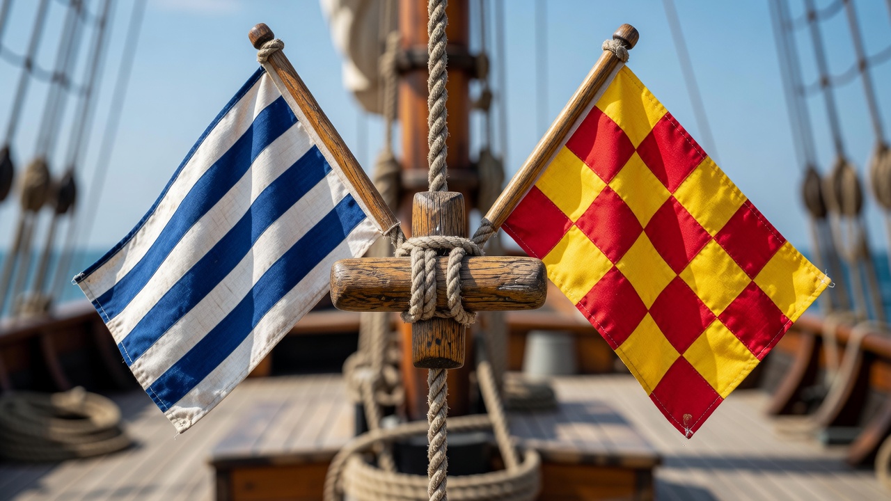 Wide close-up of a wooden toggle joining two signal flags on a halyard rope